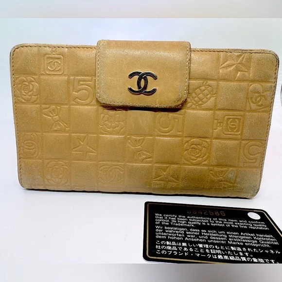 Chanel Long Wallet with Coin Pocket Precious Symbols Camel Leather Authentic y2k - Picture 1 of 16